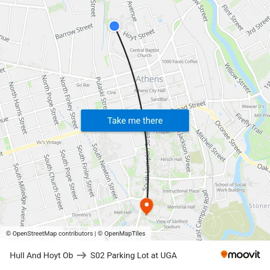 Hull And Hoyt Ob to S02 Parking Lot at UGA map
