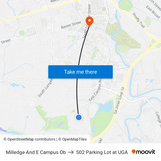 Milledge And E Campus Ob to S02 Parking Lot at UGA map