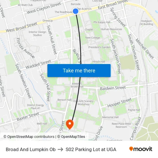 Broad And Lumpkin Ob to S02 Parking Lot at UGA map