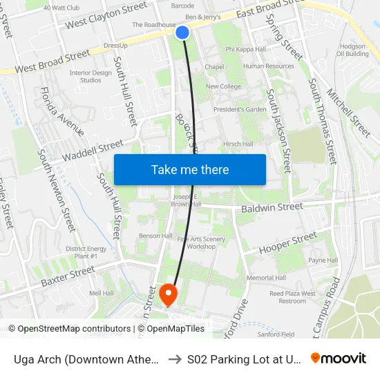 Uga Arch (Downtown Athens) to S02 Parking Lot at UGA map