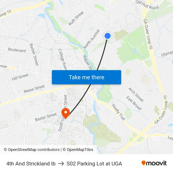 4th And Strickland Ib to S02 Parking Lot at UGA map