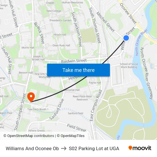 Williams And Oconee Ob to S02 Parking Lot at UGA map