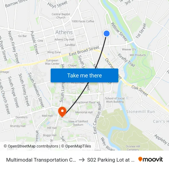 Multimodal Transportation Center to S02 Parking Lot at UGA map