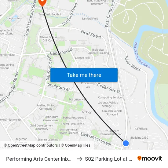 Performing Arts Center Inbound to S02 Parking Lot at UGA map
