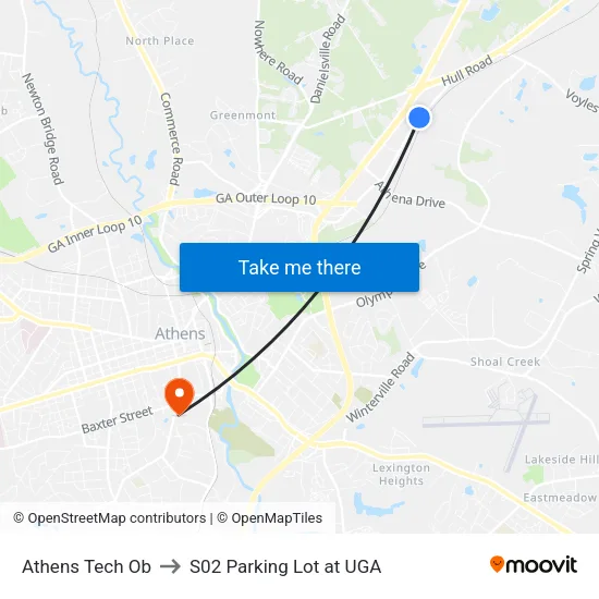 Athens Tech Ob to S02 Parking Lot at UGA map