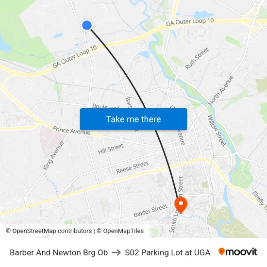 Barber And Newton Brg Ob to S02 Parking Lot at UGA map