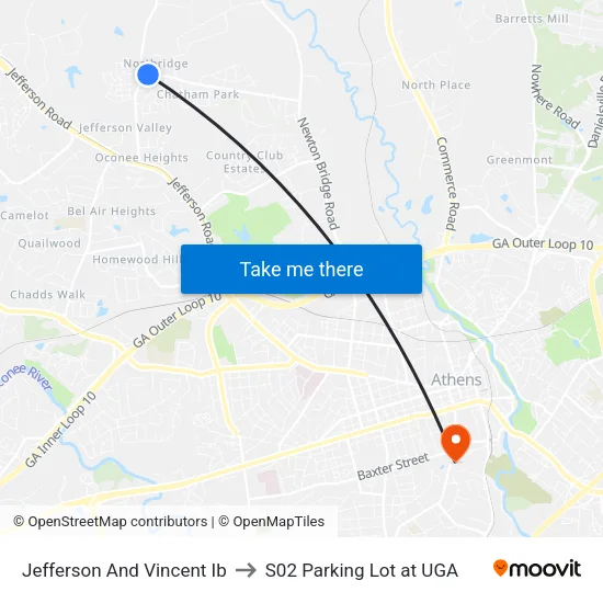 Jefferson And Vincent Ib to S02 Parking Lot at UGA map