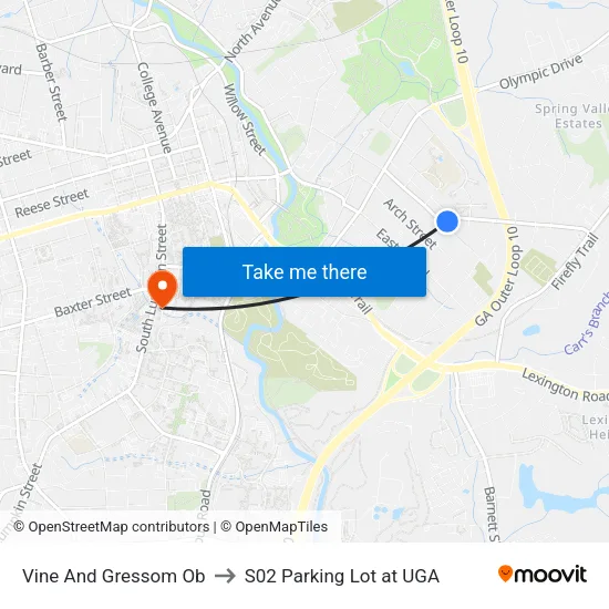 Vine And Gressom Ob to S02 Parking Lot at UGA map
