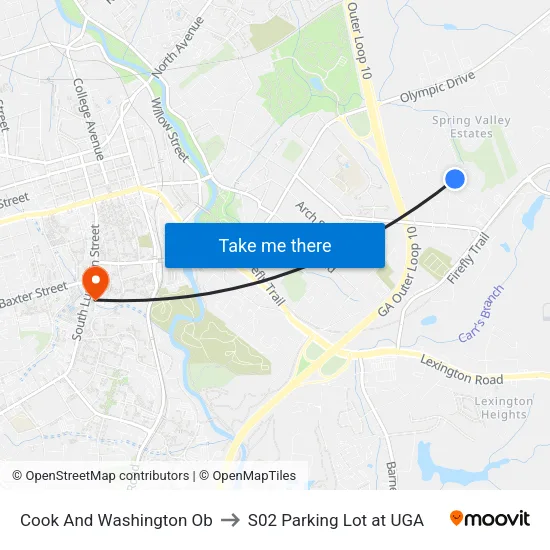 Cook And Washington Ob to S02 Parking Lot at UGA map