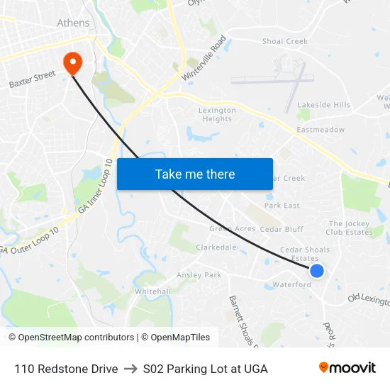 110 Redstone Drive to S02 Parking Lot at UGA map