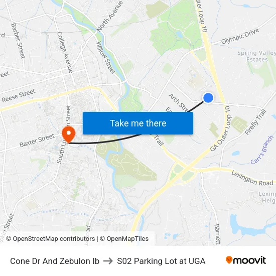 Cone Dr And Zebulon Ib to S02 Parking Lot at UGA map