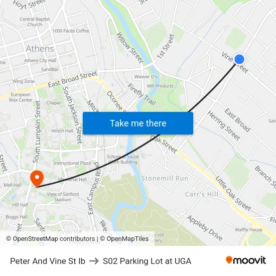 Peter And Vine St Ib to S02 Parking Lot at UGA map
