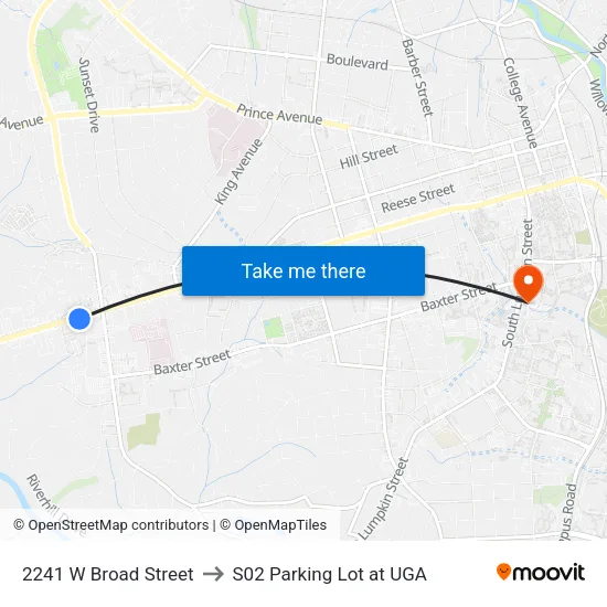 2241 W Broad Street to S02 Parking Lot at UGA map