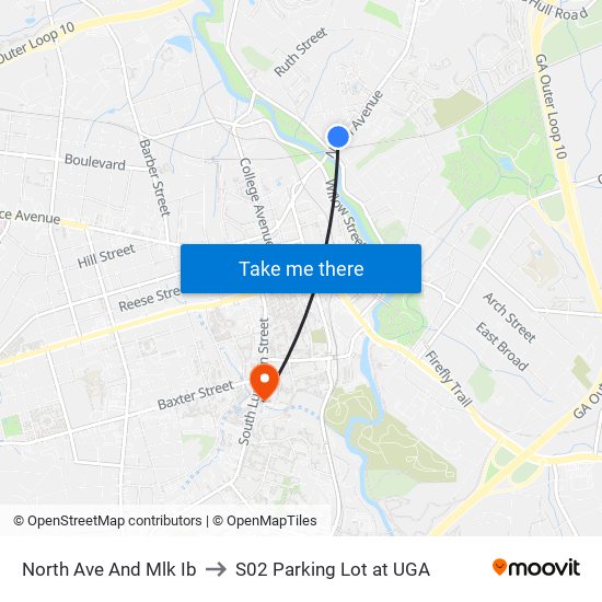 North Ave And Mlk Ib to S02 Parking Lot at UGA map