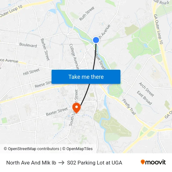 North Ave And Mlk Ib to S02 Parking Lot at UGA map