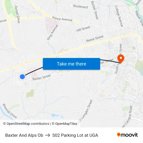 Baxter And Alps Ob to S02 Parking Lot at UGA map
