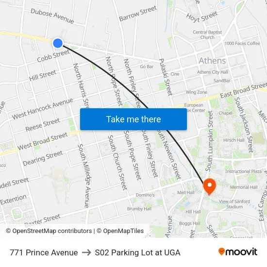 771 Prince Avenue to S02 Parking Lot at UGA map