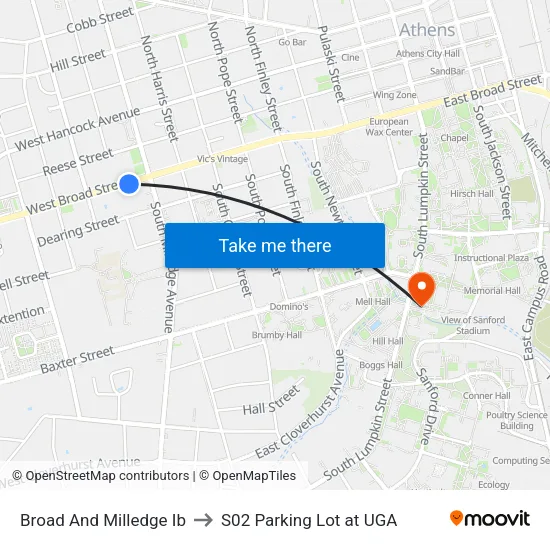 Broad And Milledge Ib to S02 Parking Lot at UGA map