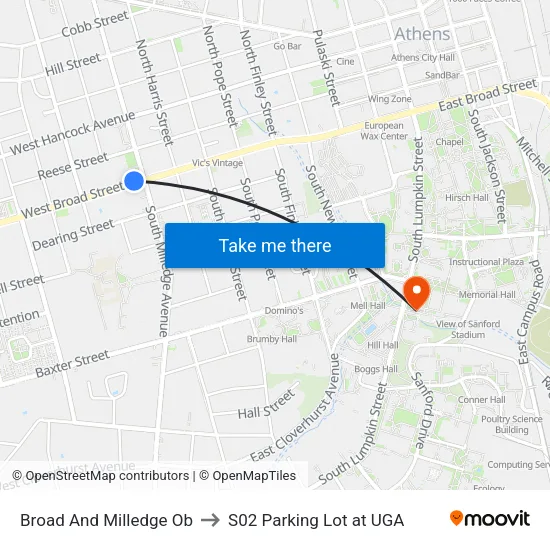 Broad And Milledge Ob to S02 Parking Lot at UGA map