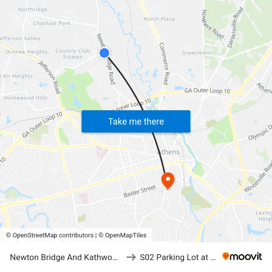 Newton Bridge And Kathwood Ob to S02 Parking Lot at UGA map