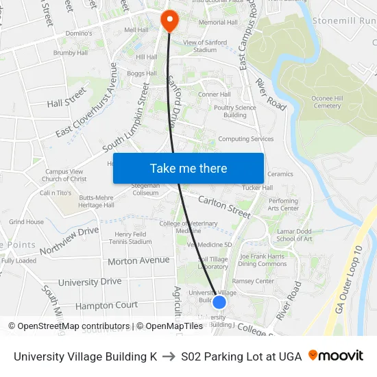 University Village Building K to S02 Parking Lot at UGA map