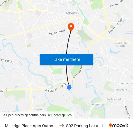Milledge Place Apts Outbound to S02 Parking Lot at UGA map