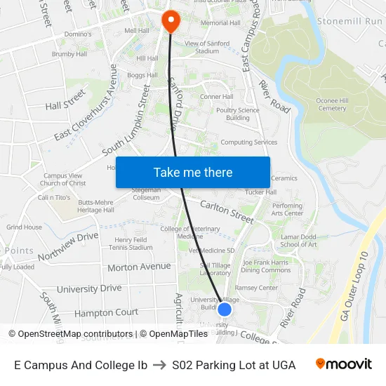 E Campus And College Ib to S02 Parking Lot at UGA map