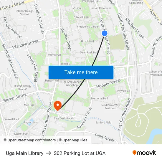 Uga Main Library to S02 Parking Lot at UGA map
