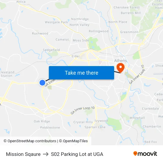 Mission Sqaure to S02 Parking Lot at UGA map