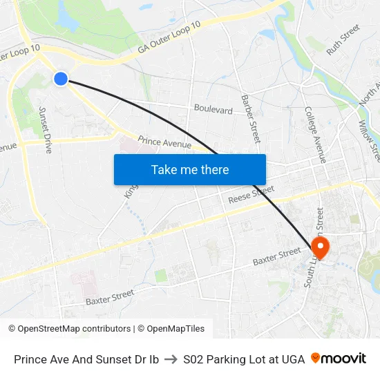 Prince Ave And Sunset Dr Ib to S02 Parking Lot at UGA map