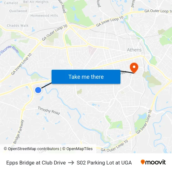 Epps Bridge at Club Drive to S02 Parking Lot at UGA map