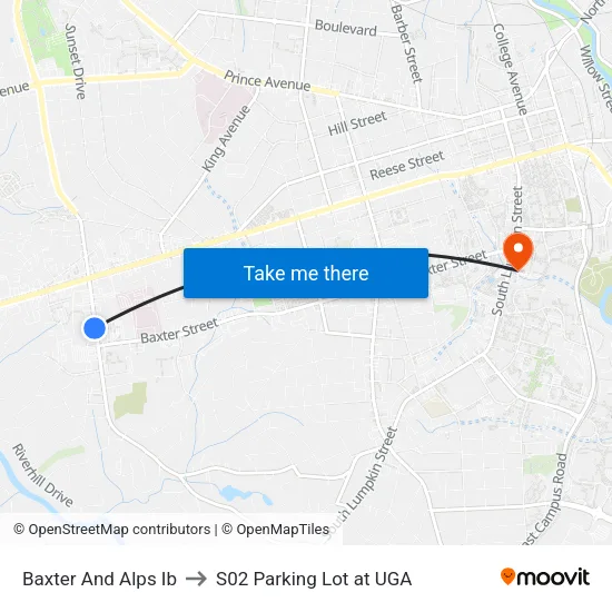 Baxter And Alps Ib to S02 Parking Lot at UGA map
