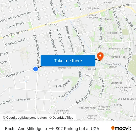 Baxter And Milledge Ib to S02 Parking Lot at UGA map