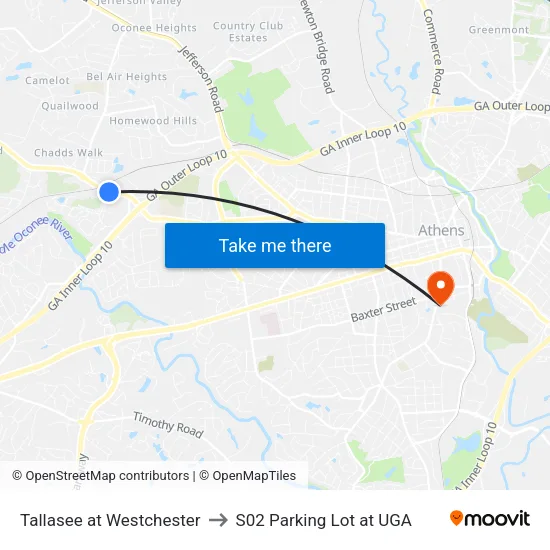 Tallasee at Westchester to S02 Parking Lot at UGA map