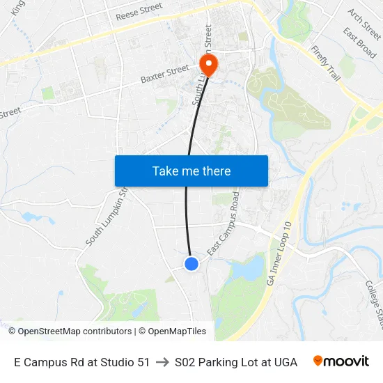 E Campus Rd at Studio 51 to S02 Parking Lot at UGA map