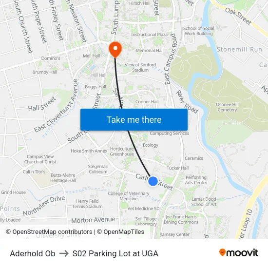 Aderhold Ob to S02 Parking Lot at UGA map