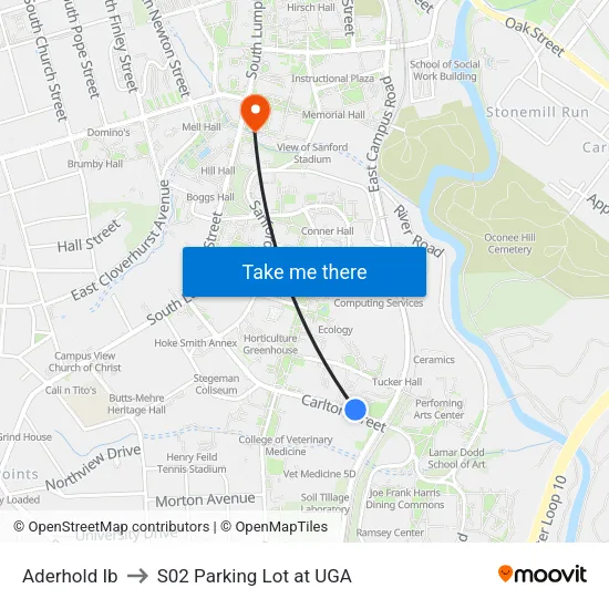 Aderhold Ib to S02 Parking Lot at UGA map