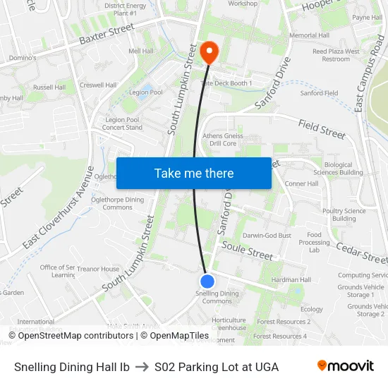 Snelling Dining Hall Ib to S02 Parking Lot at UGA map
