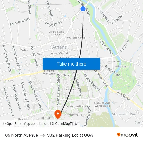 86 North Avenue to S02 Parking Lot at UGA map