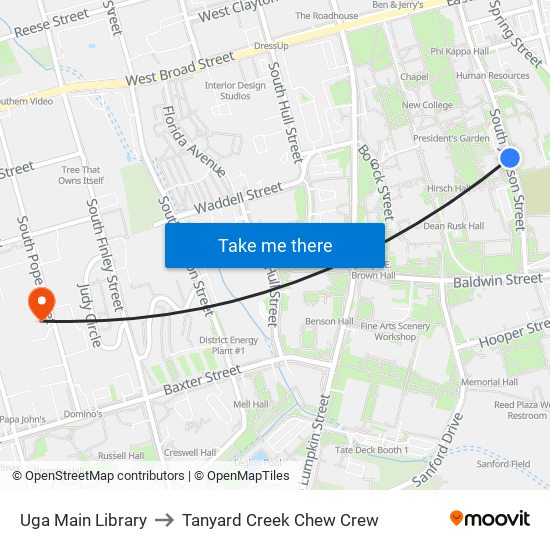 Uga Main Library to Tanyard Creek Chew Crew map