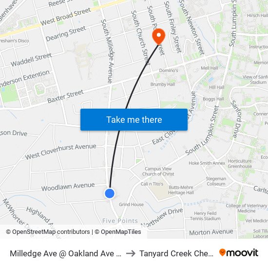 Milledge Ave @ Oakland Ave (Tri-Delta) to Tanyard Creek Chew Crew map