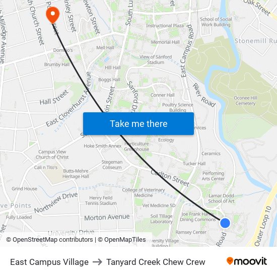 East Campus Village to Tanyard Creek Chew Crew map