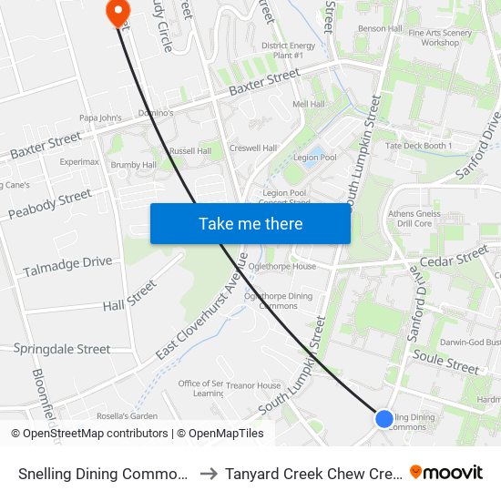 Snelling Dining Commons to Tanyard Creek Chew Crew map