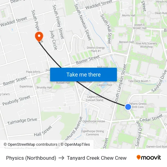 Physics (Northbound) to Tanyard Creek Chew Crew map