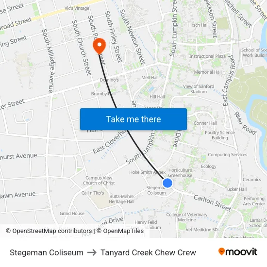 Stegeman Coliseum to Tanyard Creek Chew Crew map