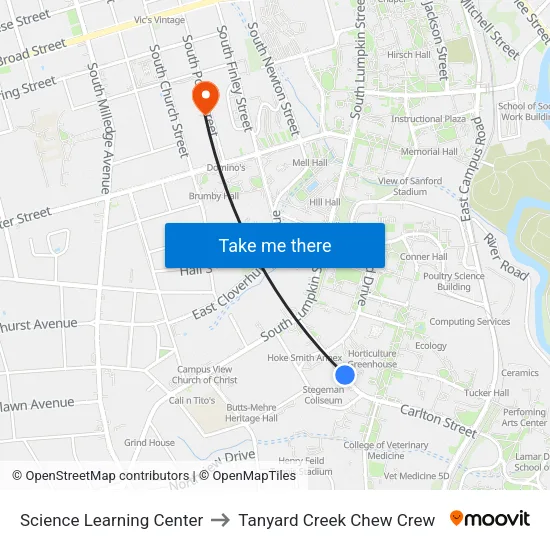 Science Learning Center to Tanyard Creek Chew Crew map