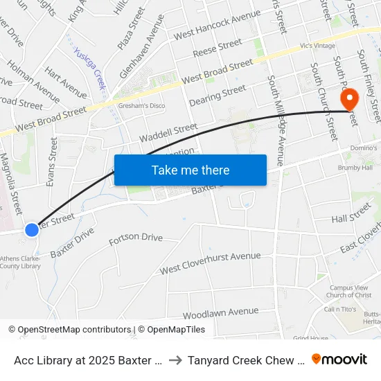 Acc Library at 2025 Baxter Street to Tanyard Creek Chew Crew map