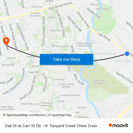 Oak St at Carr St Ob to Tanyard Creek Chew Crew map