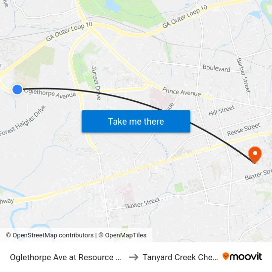 Oglethorpe Ave at Resource Medical Ob to Tanyard Creek Chew Crew map