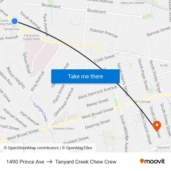 1490 Prince Ave to Tanyard Creek Chew Crew map